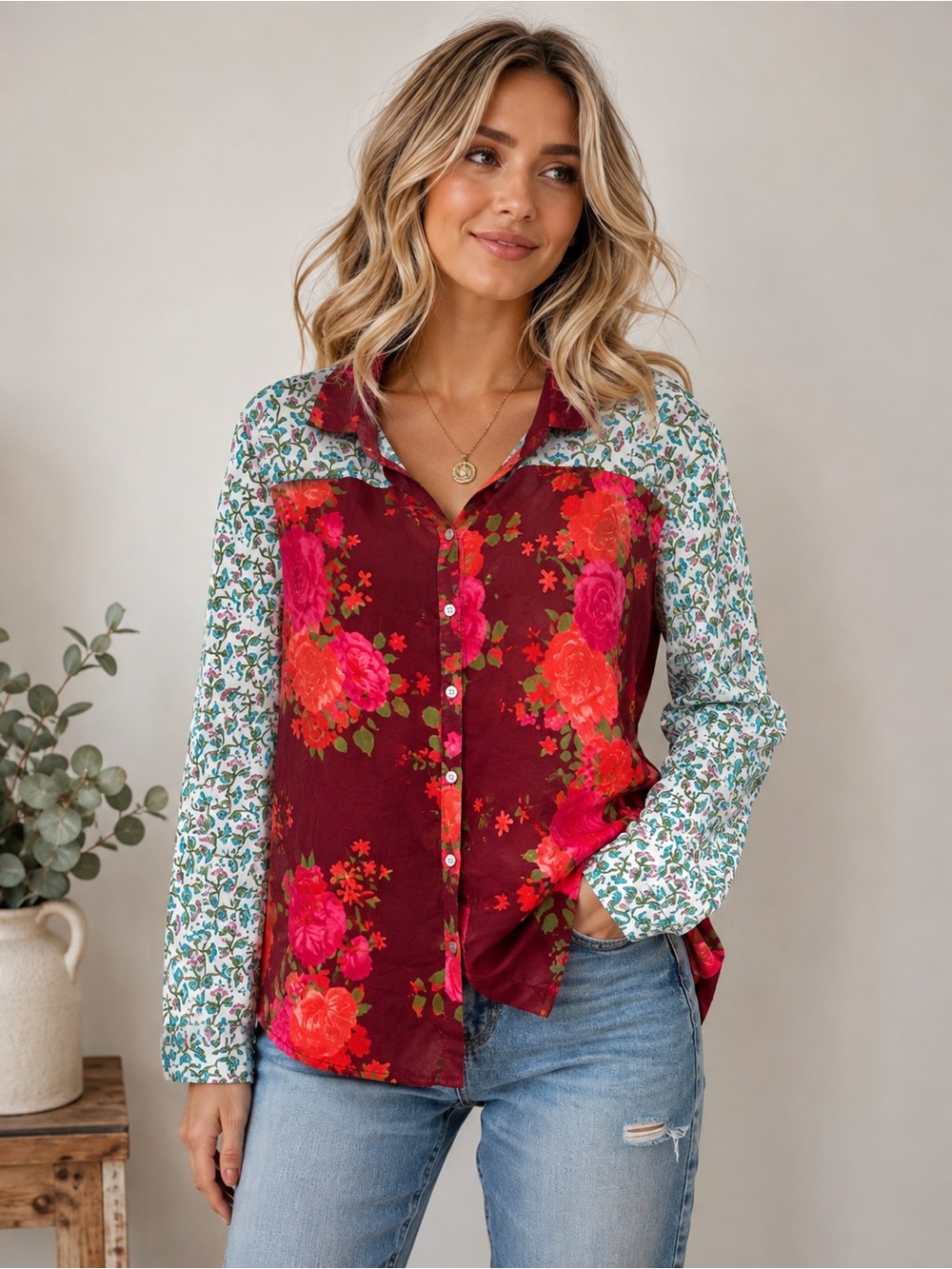 THE NU VINTAGE Women’s L Floral Button Down Shirt Boho Cottagecore Made in USA